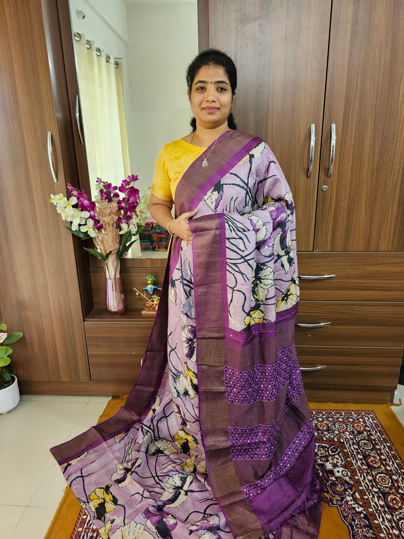 Light Purple with Dark Purple Pure Handwoven Tussar Silk Saree with Cut Work