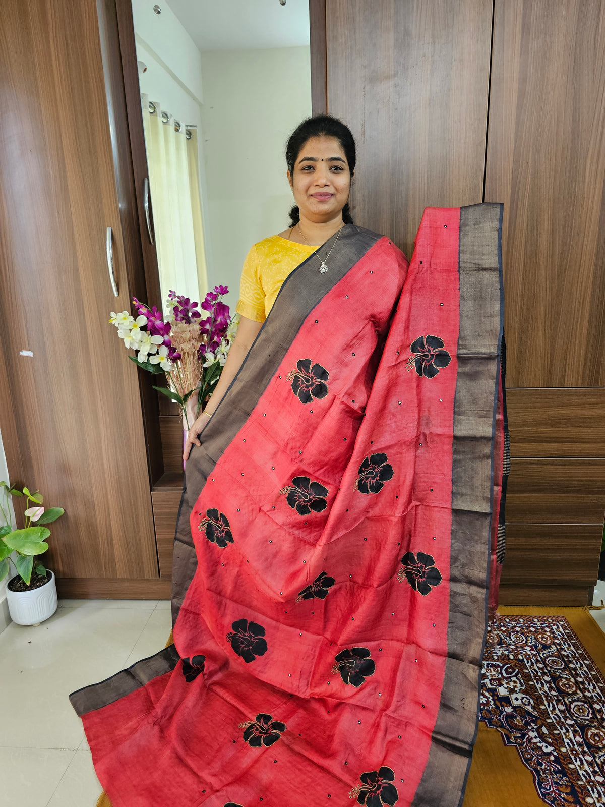 Red with Black Pure Handwoven Tussar Silk Saree with Cut Work