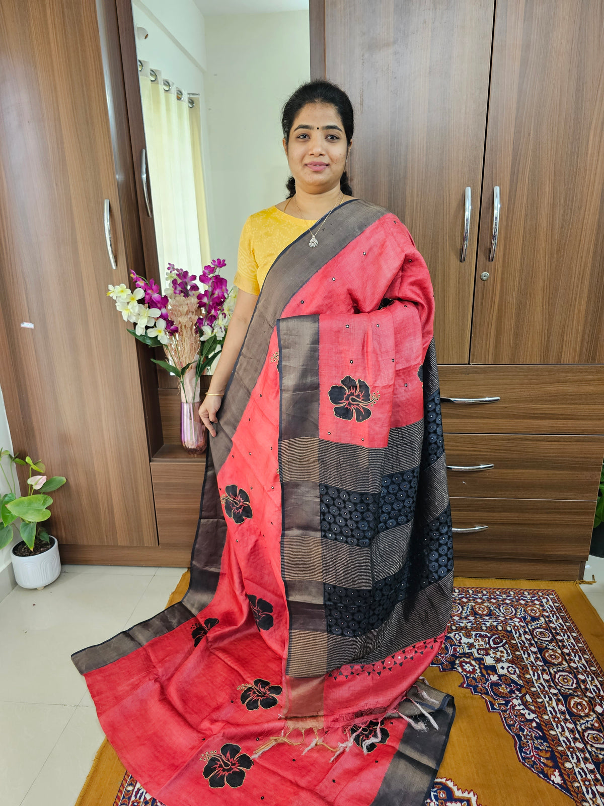 Red with Black Pure Handwoven Tussar Silk Saree with Cut Work