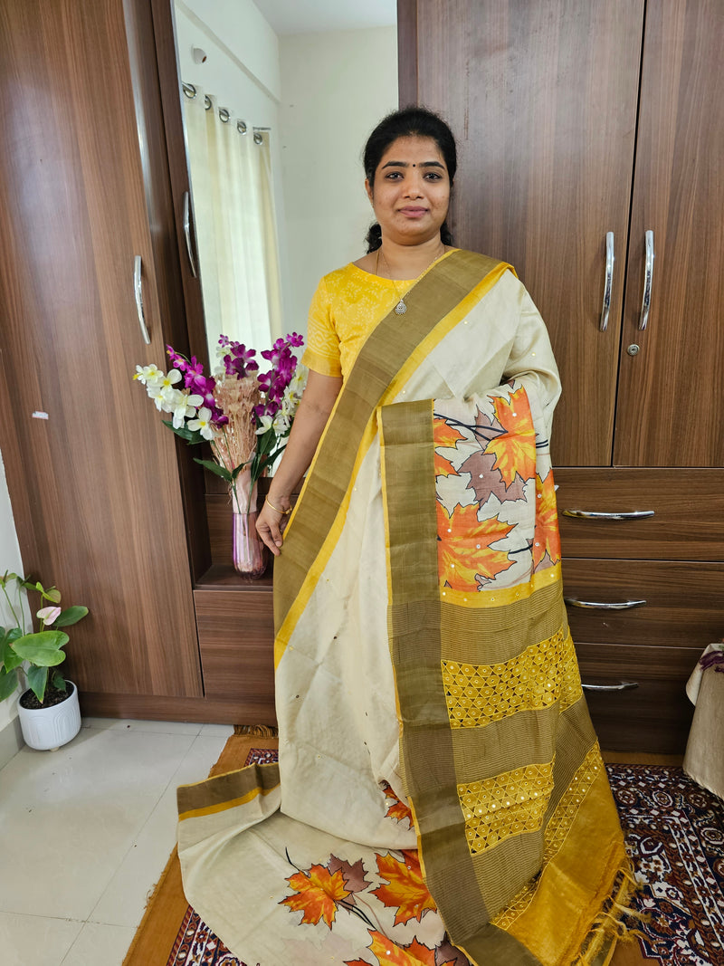 Cream with Mustard Yellow Pure Handwoven Tussar Silk Saree with Cut Work