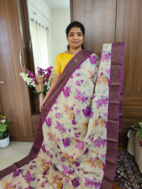 Cream with Magenta Pink Pure Handwoven Tussar Silk Saree with Cut Work