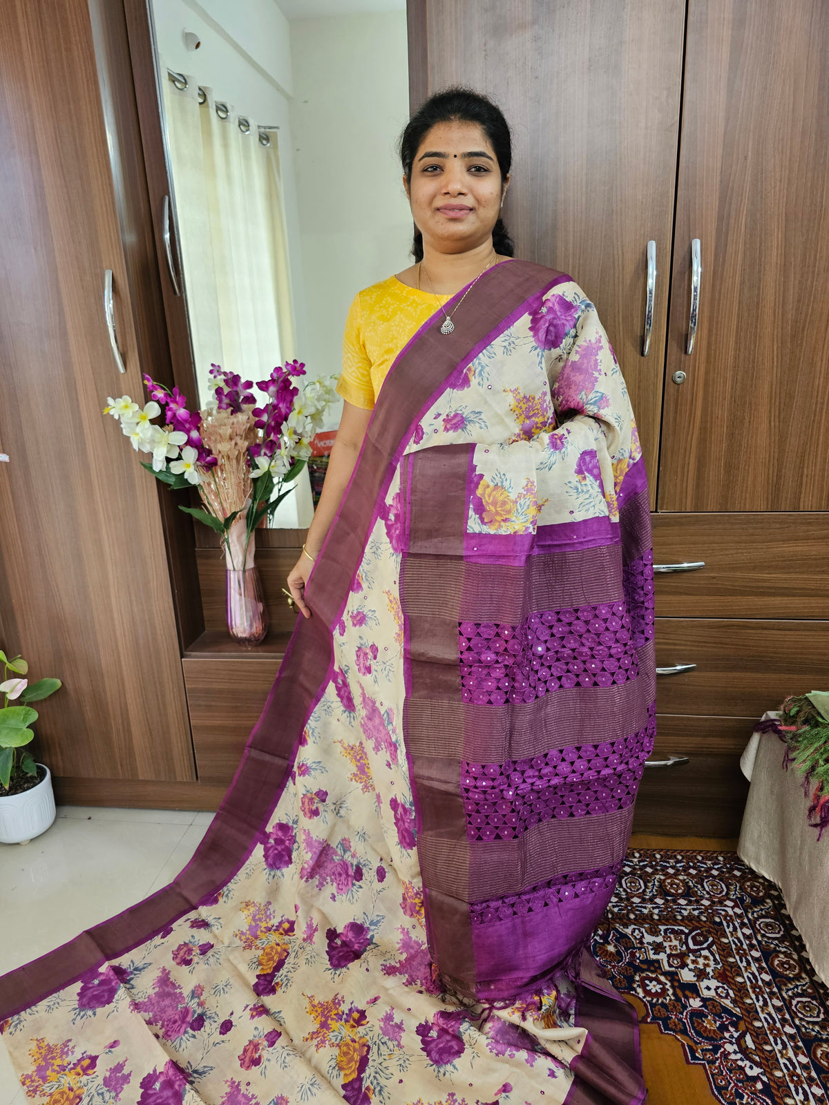 Cream with Magenta Pink Pure Handwoven Tussar Silk Saree with Cut Work