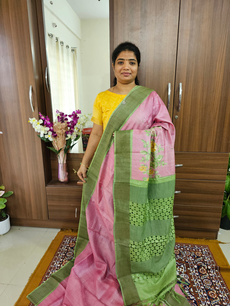 Pink with Green Pure Handwoven Tussar Silk Saree with Cut Work