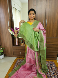 Pink with Green Pure Handwoven Tussar Silk Saree with Cut Work