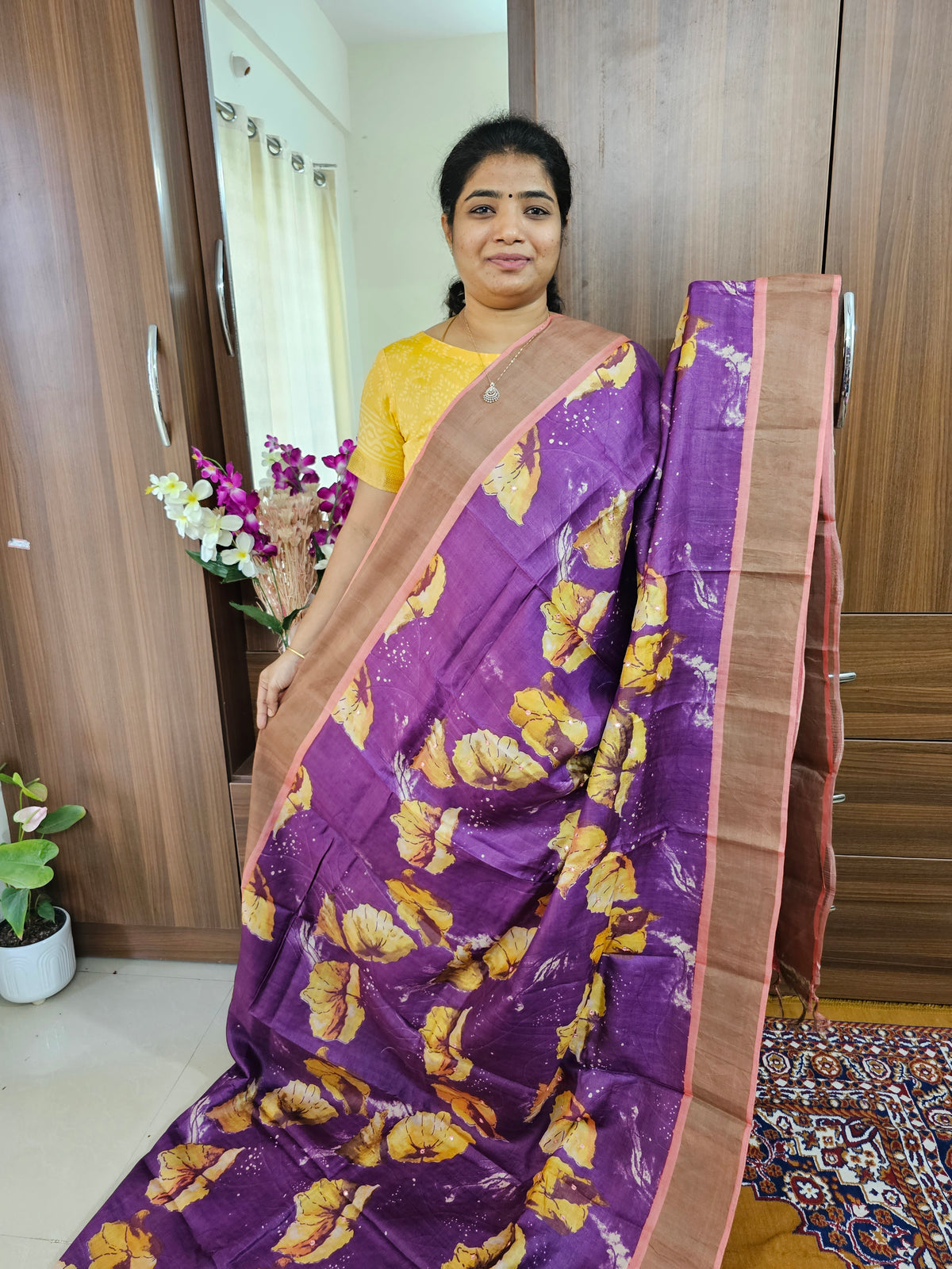 Dark Purple with Peach Pure Handwoven Tussar Silk Saree with Cut Work