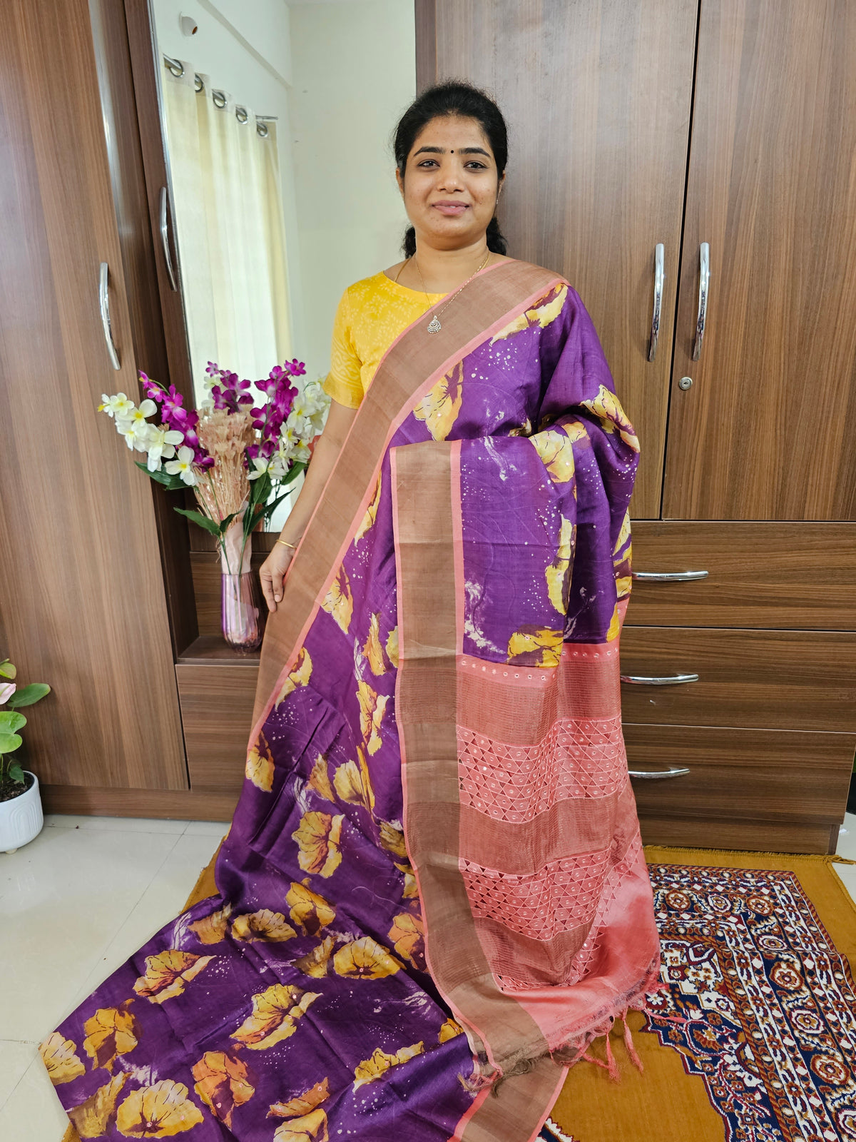 Dark Purple with Peach Pure Handwoven Tussar Silk Saree with Cut Work