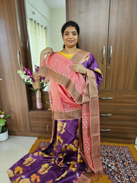 Dark Purple with Peach Pure Handwoven Tussar Silk Saree with Cut Work