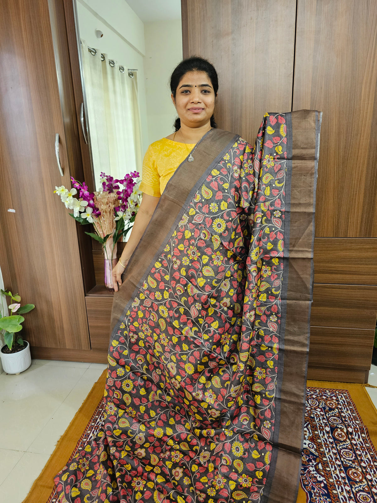 Monochrome Brown Kalamkari Pure Handwoven Tussar Silk Saree with Cut Work