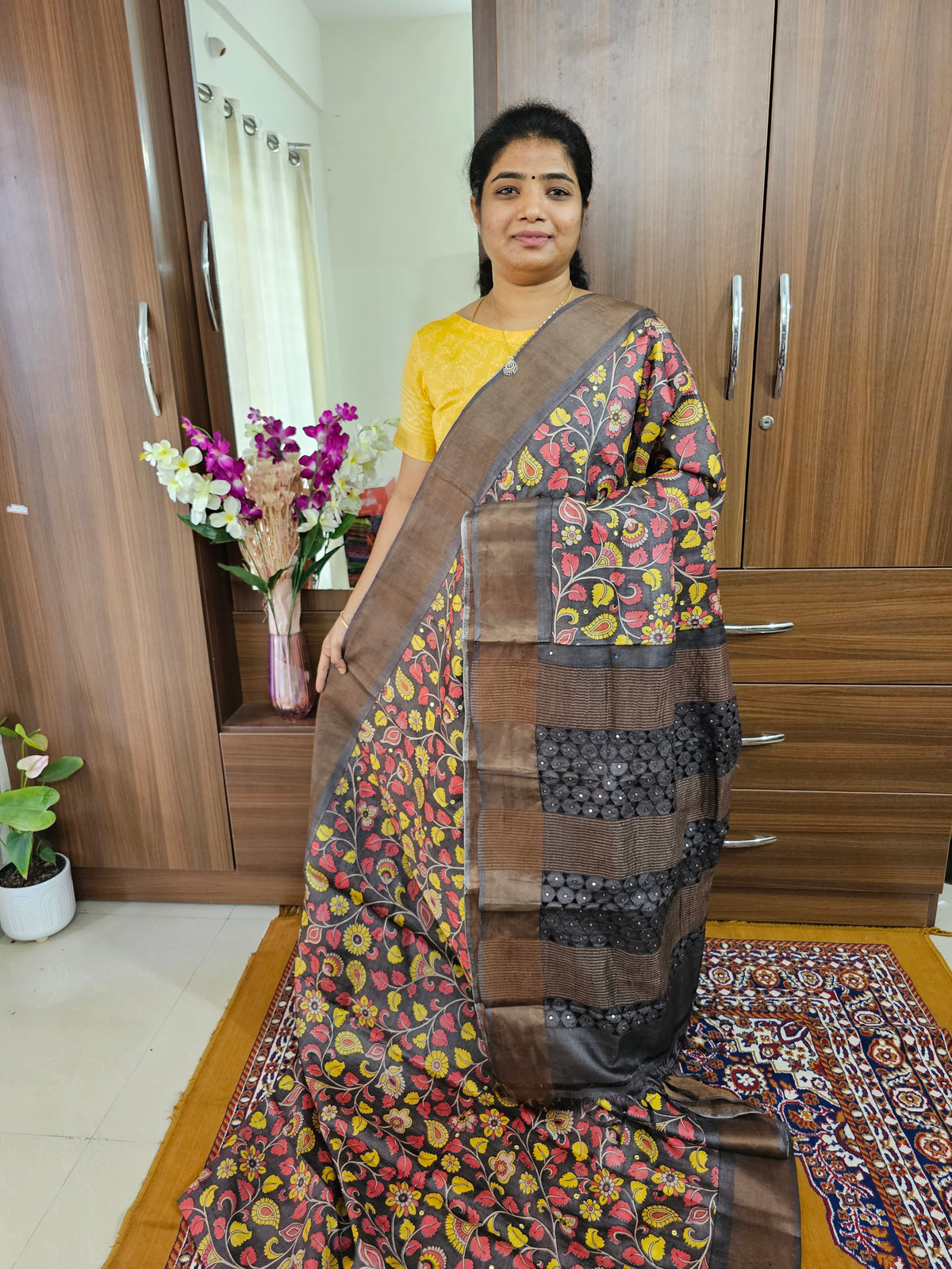 Monochrome Brown Kalamkari Pure Handwoven Tussar Silk Saree with Cut Work