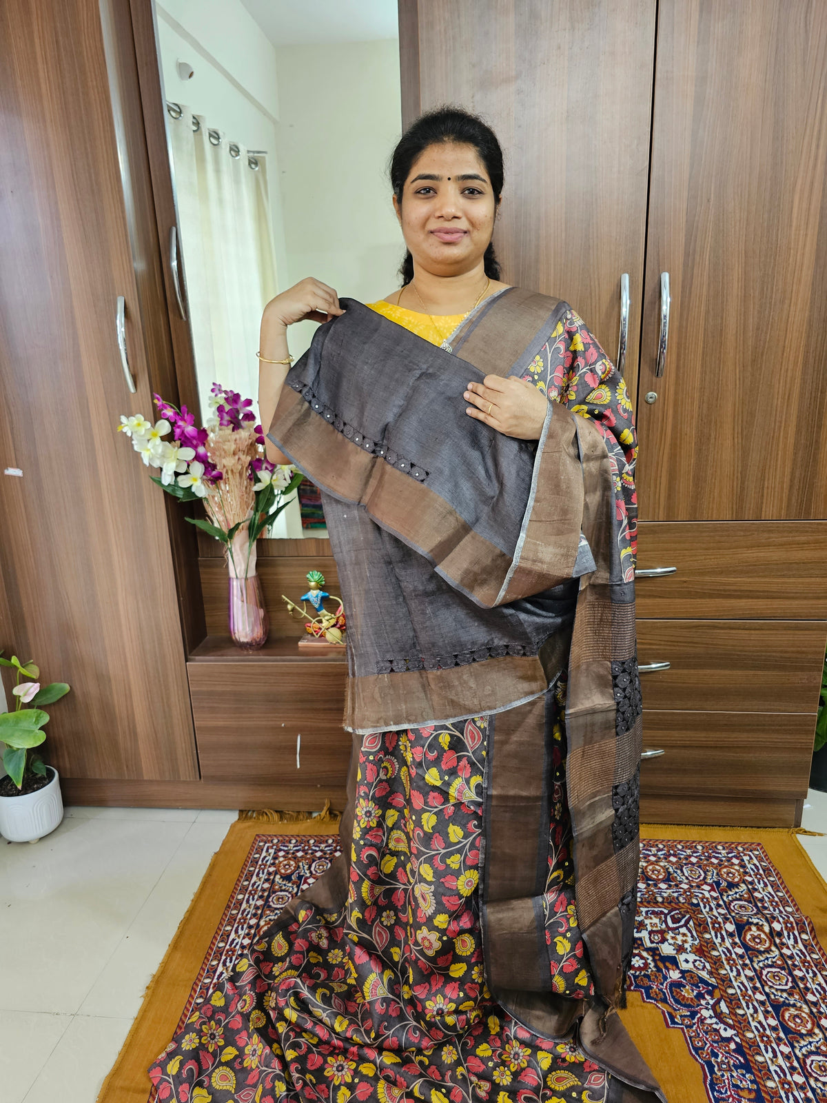 Monochrome Brown Kalamkari Pure Handwoven Tussar Silk Saree with Cut Work