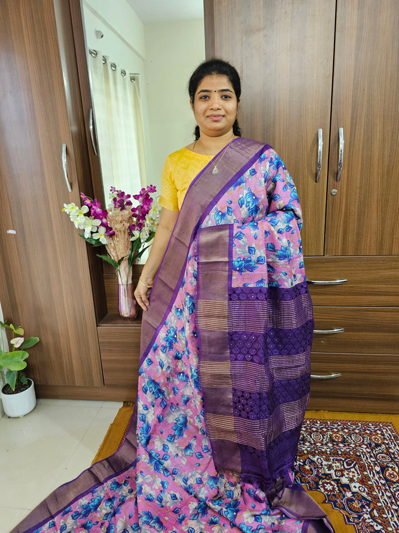 Pink with Purple Pure Handwoven Tussar Silk Saree with Cut Work