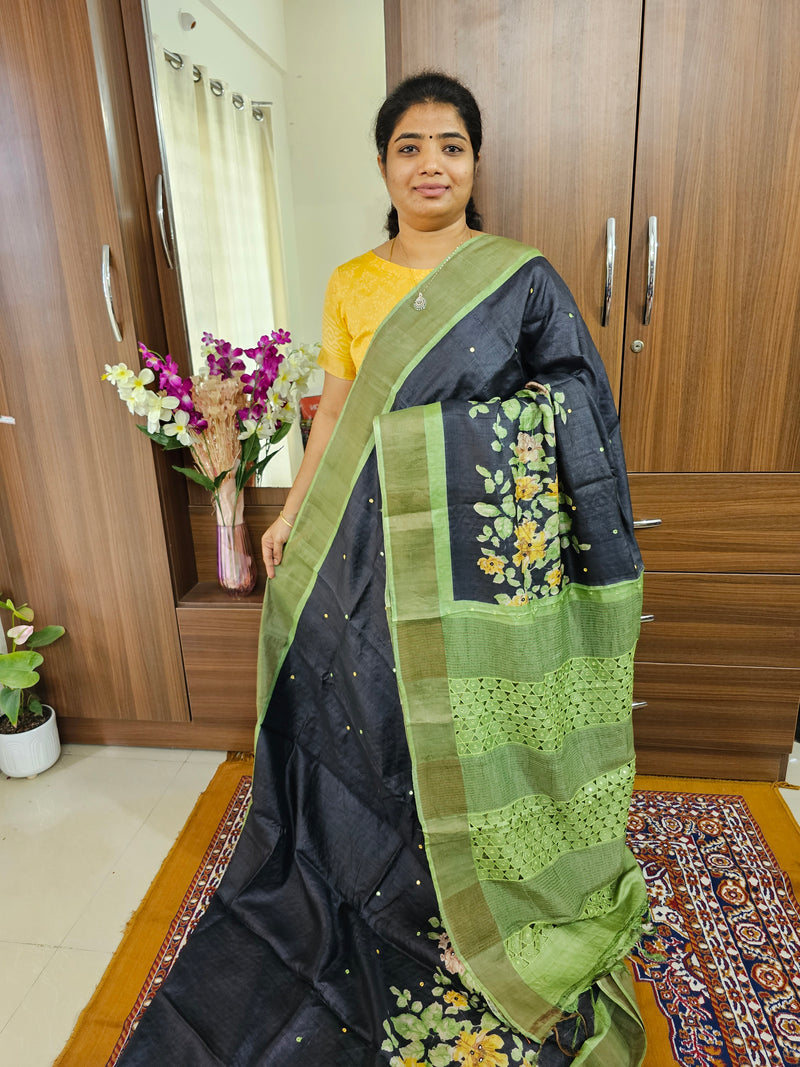 Black with Green Pure Handwoven Tussar Silk Saree with Cut Work