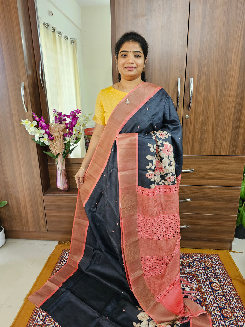 Black with Peach Pure Handwoven Tussar Silk Saree with Cut Work