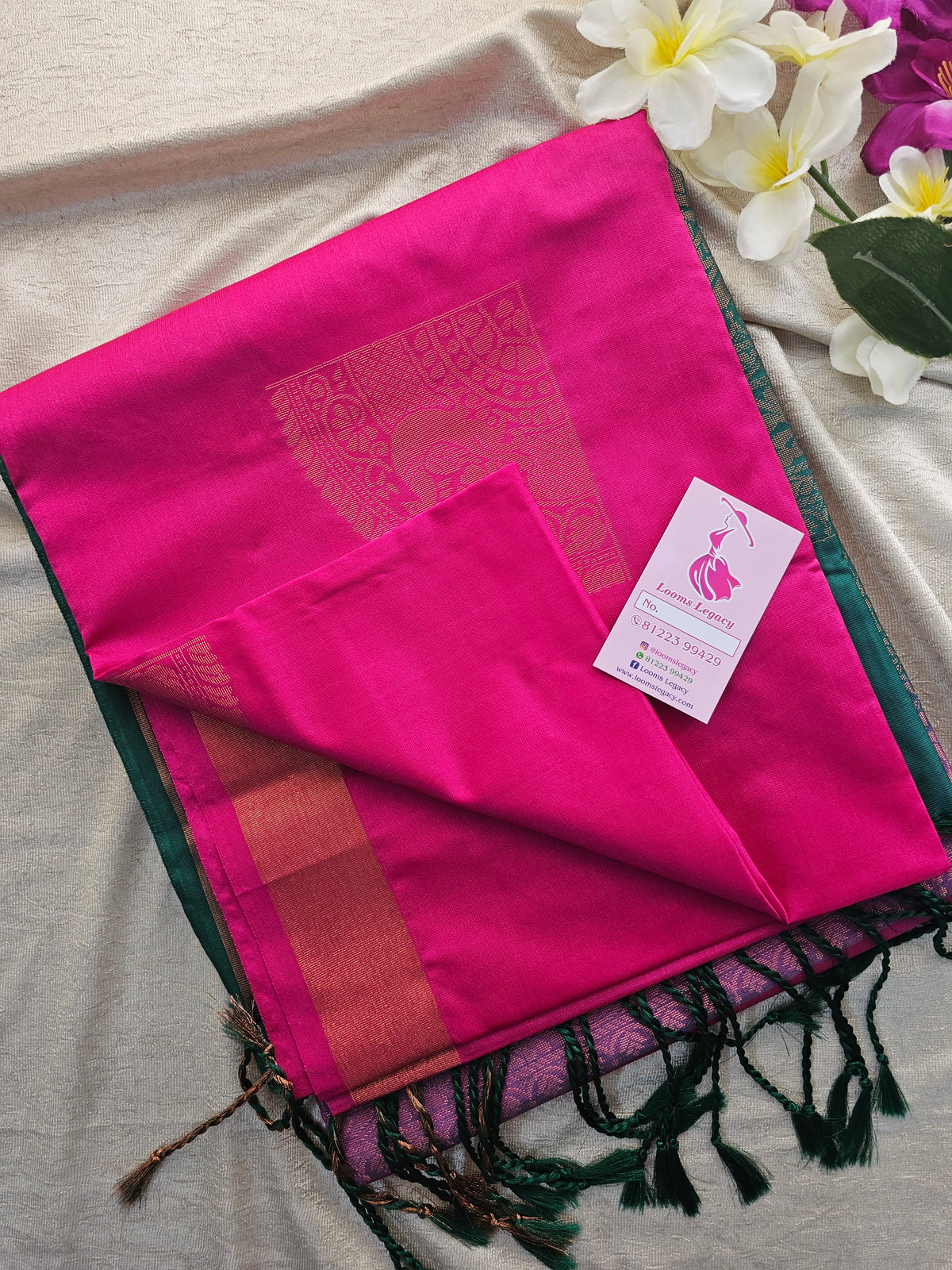 Dark Pink with Sea Green Copper Zari Woven Border Semi Soft Silk Saree