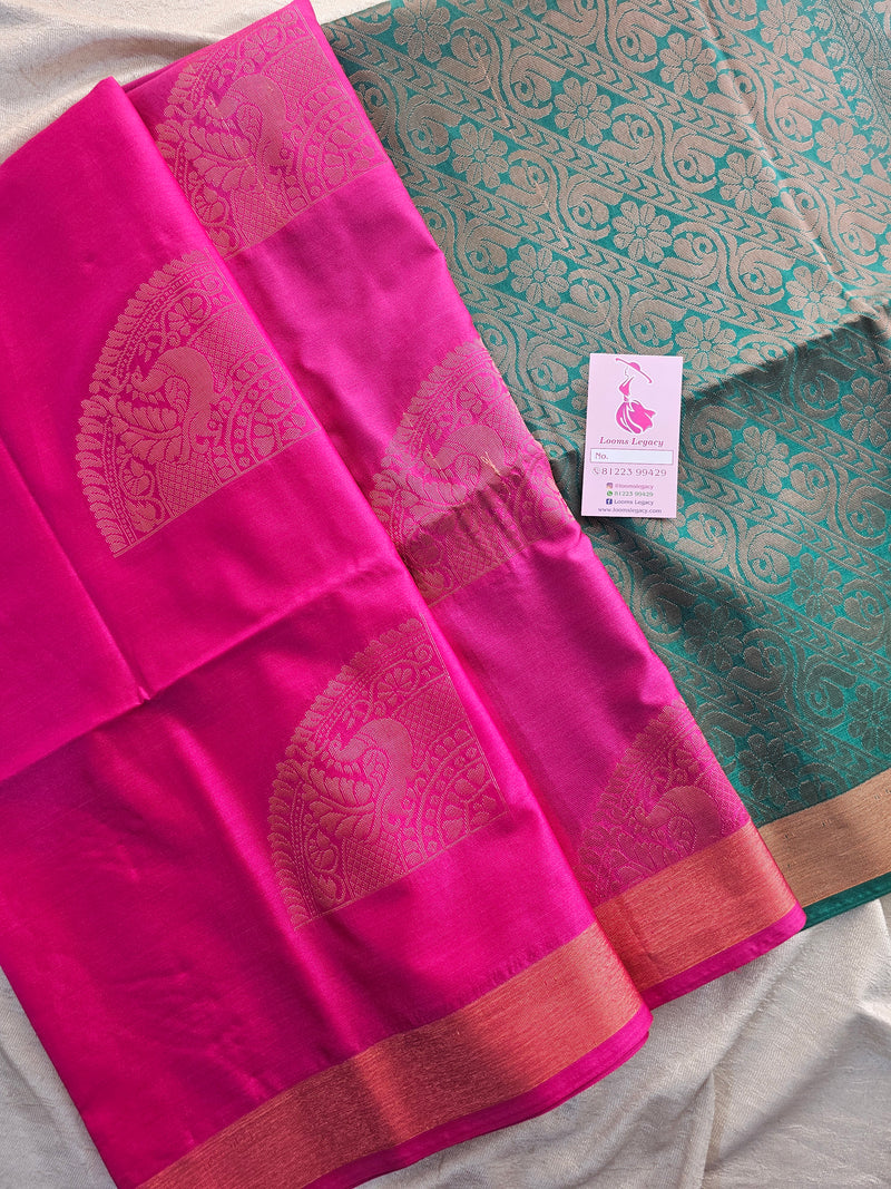 Dark Pink with Sea Green Copper Zari Woven Border Semi Soft Silk Saree