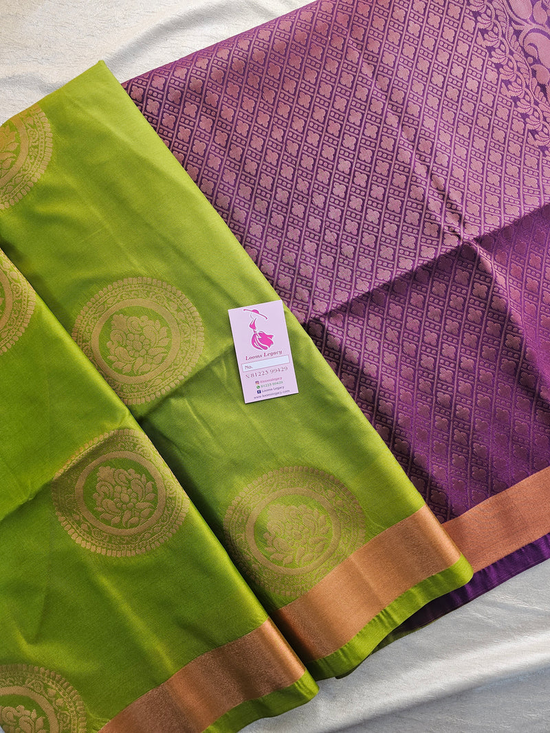 Green with Purple  Copper Zari Woven Border Semi Soft Silk Saree