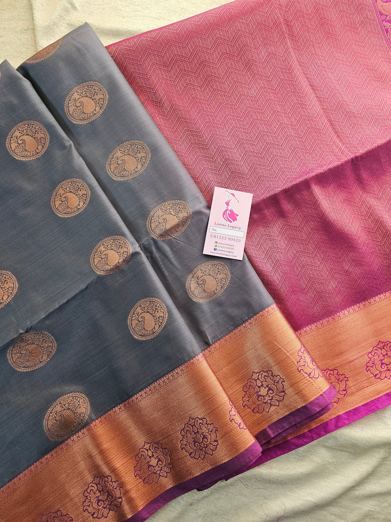 Grey with Purple Copper Zari Woven Border Semi Soft Silk Saree