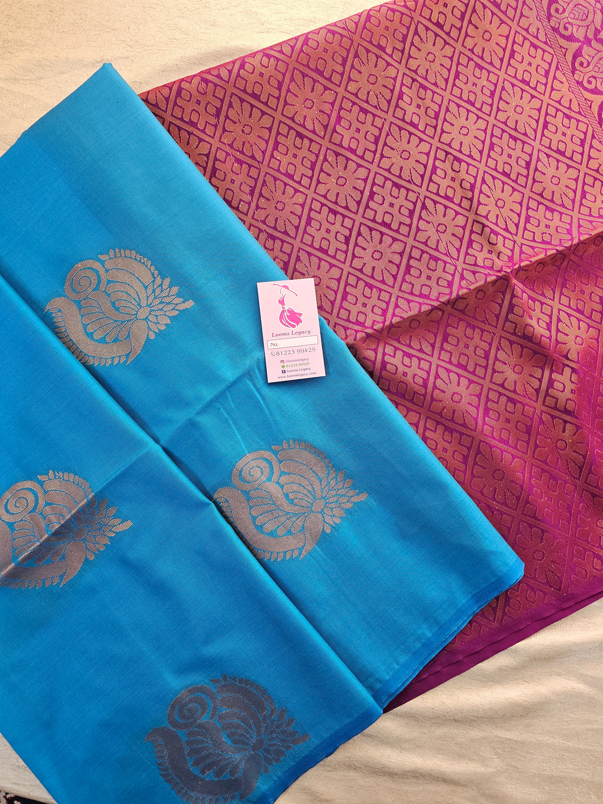 Blue with Purple Copper Zari Woven Border Semi Soft Silk Saree