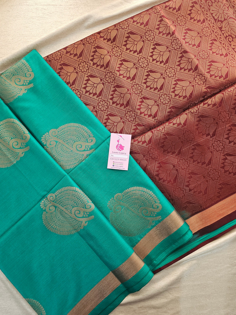 Sea Green with Brown Copper Zari Woven Border Semi Soft Silk Saree