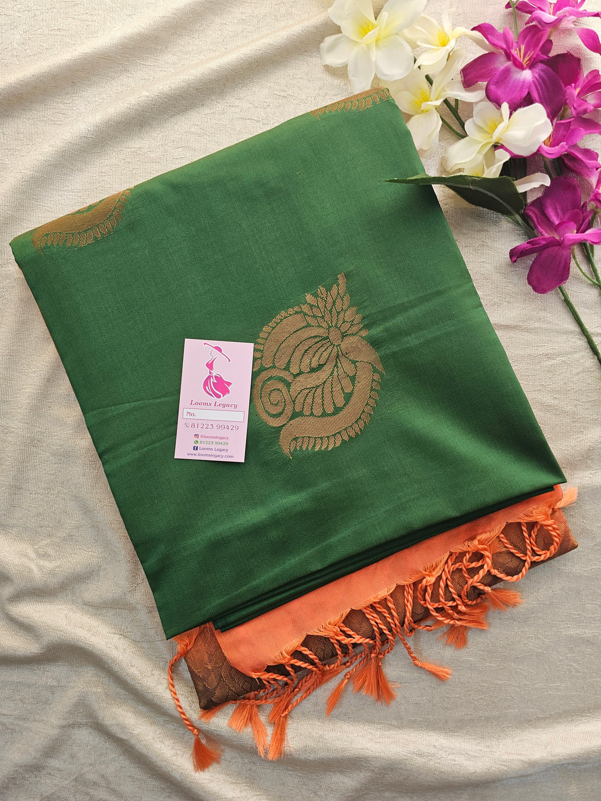 Green with Peach Copper Zari Woven Borderless Semi Soft Silk Saree