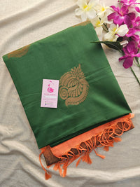 Green with Peach Copper Zari Woven Borderless Semi Soft Silk Saree