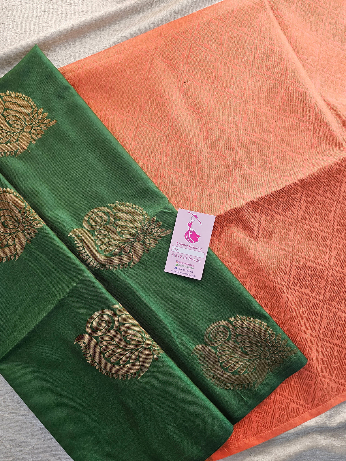 Green with Peach Copper Zari Woven Borderless Semi Soft Silk Saree