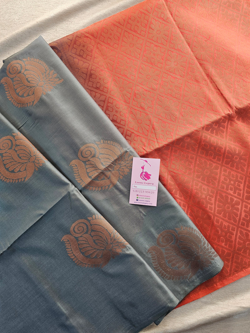 Grey with Peach Copper Zari Woven Borderless Semi Soft Silk Saree