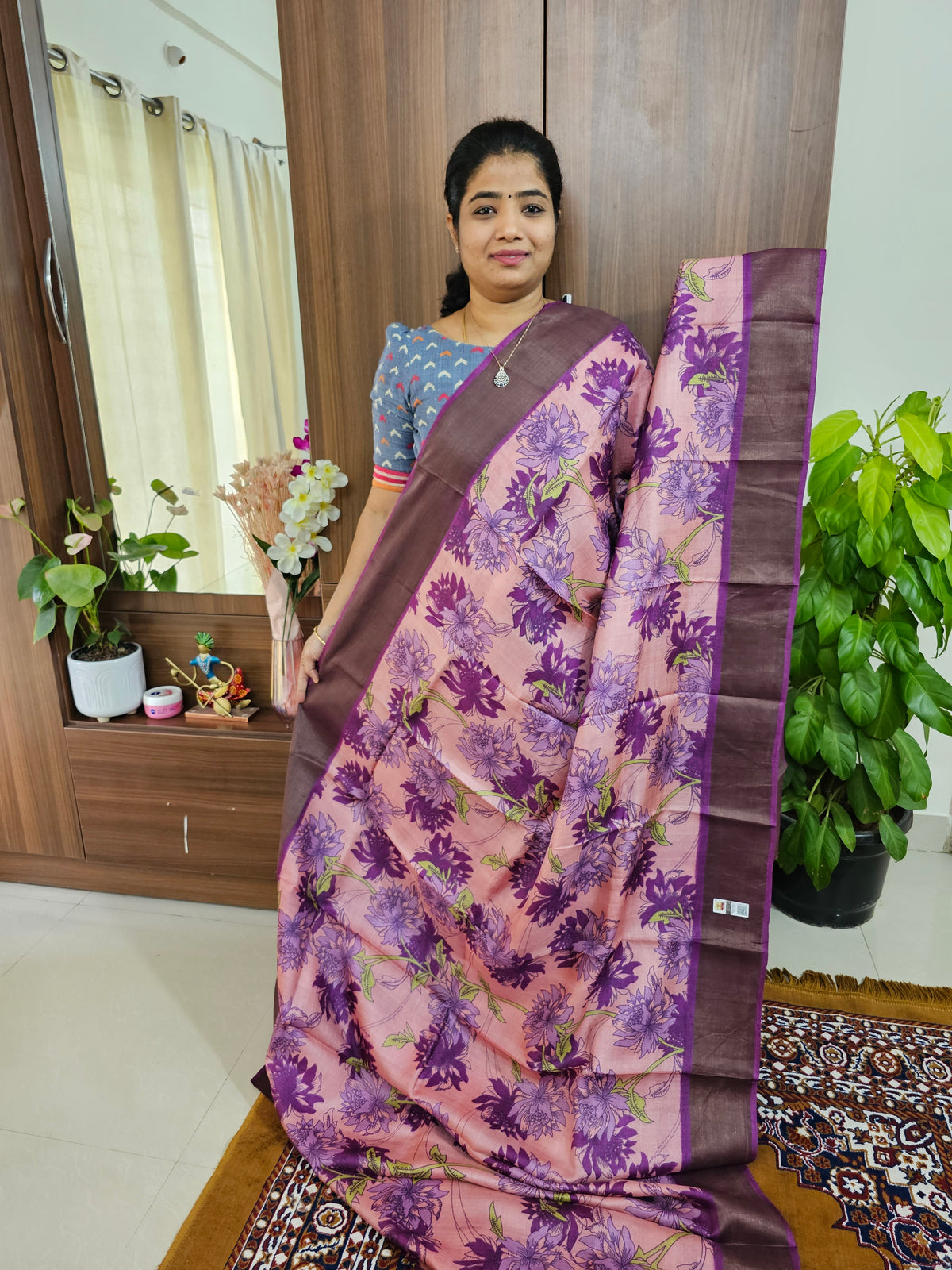 Pink with Purple Handwoven Tussar Silk Saree with Zari Border