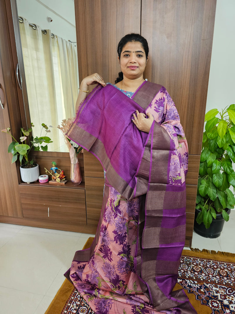 Pink with Purple Handwoven Tussar Silk Saree with Zari Border