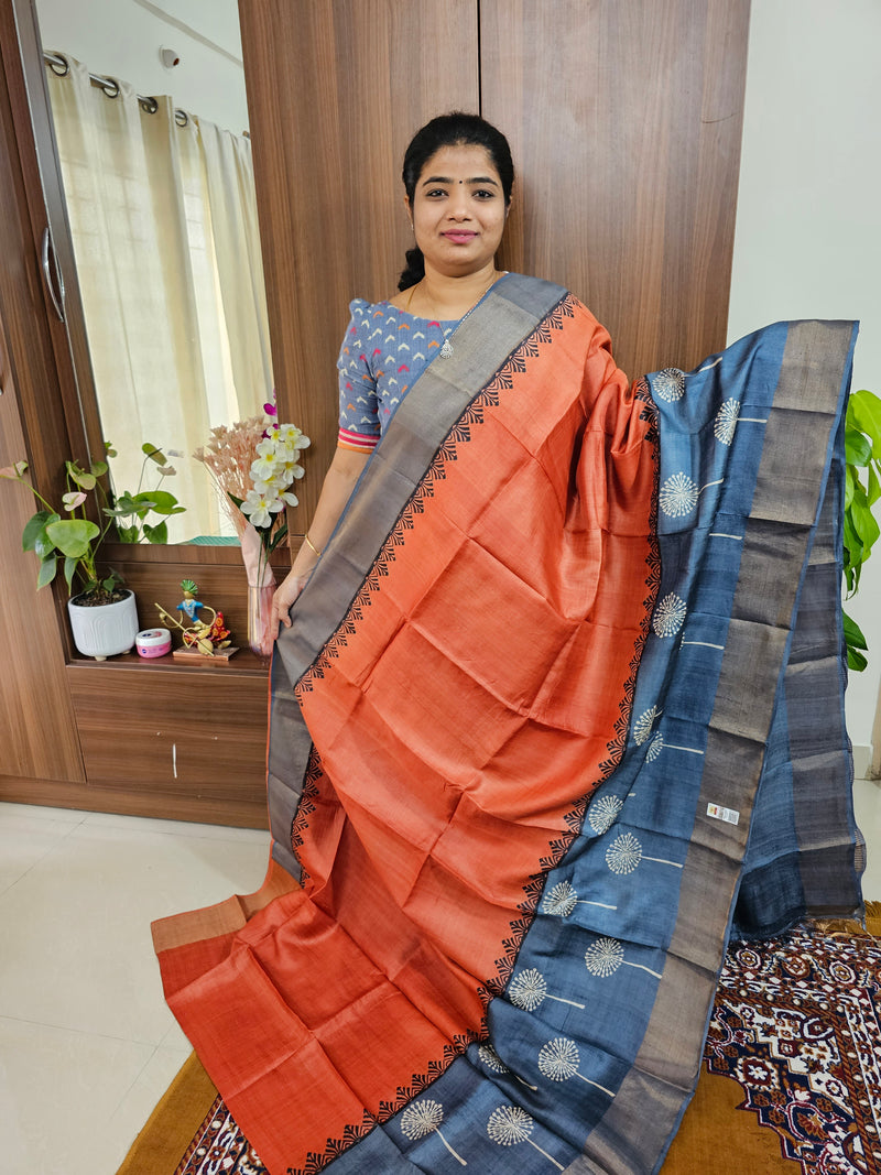 Dark Orange with Grey Handwoven Tussar Silk Saree with Zari Border