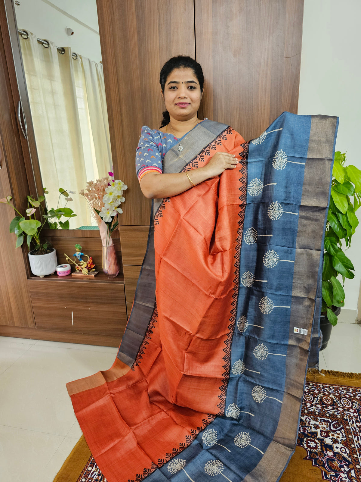 Dark Orange with Grey Handwoven Tussar Silk Saree with Zari Border