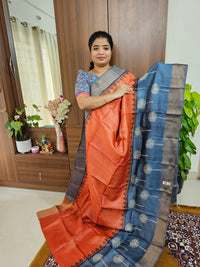 Dark Orange with Grey Handwoven Tussar Silk Saree with Zari Border