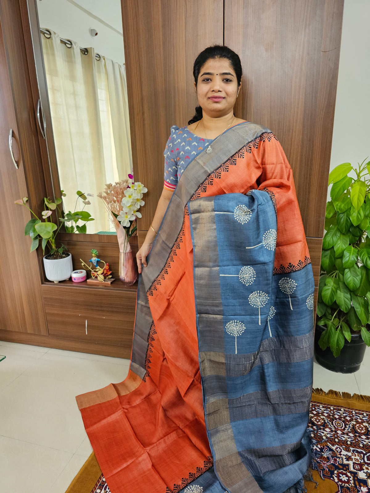 Dark Orange with Grey Handwoven Tussar Silk Saree with Zari Border