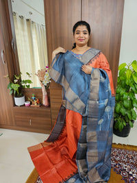 Dark Orange with Grey Handwoven Tussar Silk Saree with Zari Border