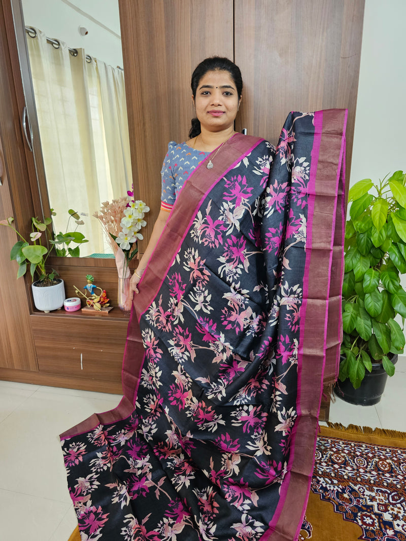 Black with Magenta Pink Handwoven Tussar Silk Saree with Zari Border