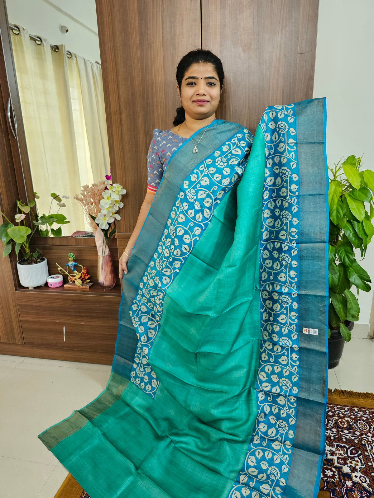 Turquoise with Sky Blue Handwoven Tussar Silk Saree with Zari Border