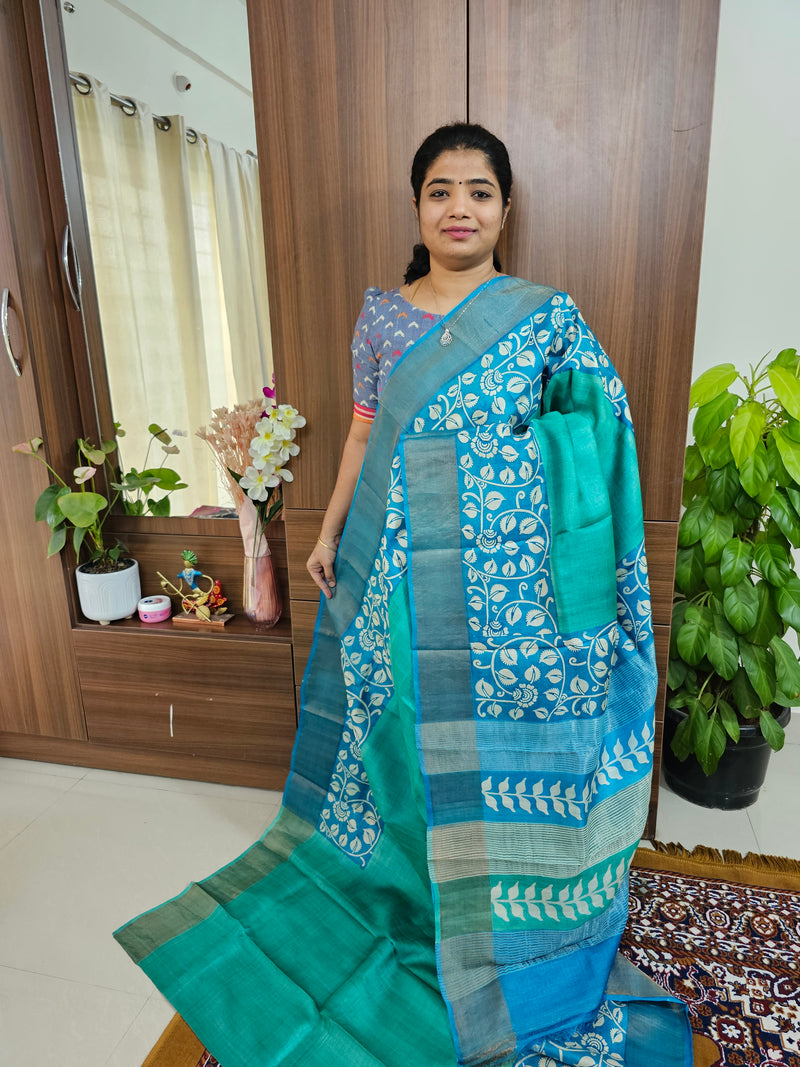 Turquoise with Sky Blue Handwoven Tussar Silk Saree with Zari Border