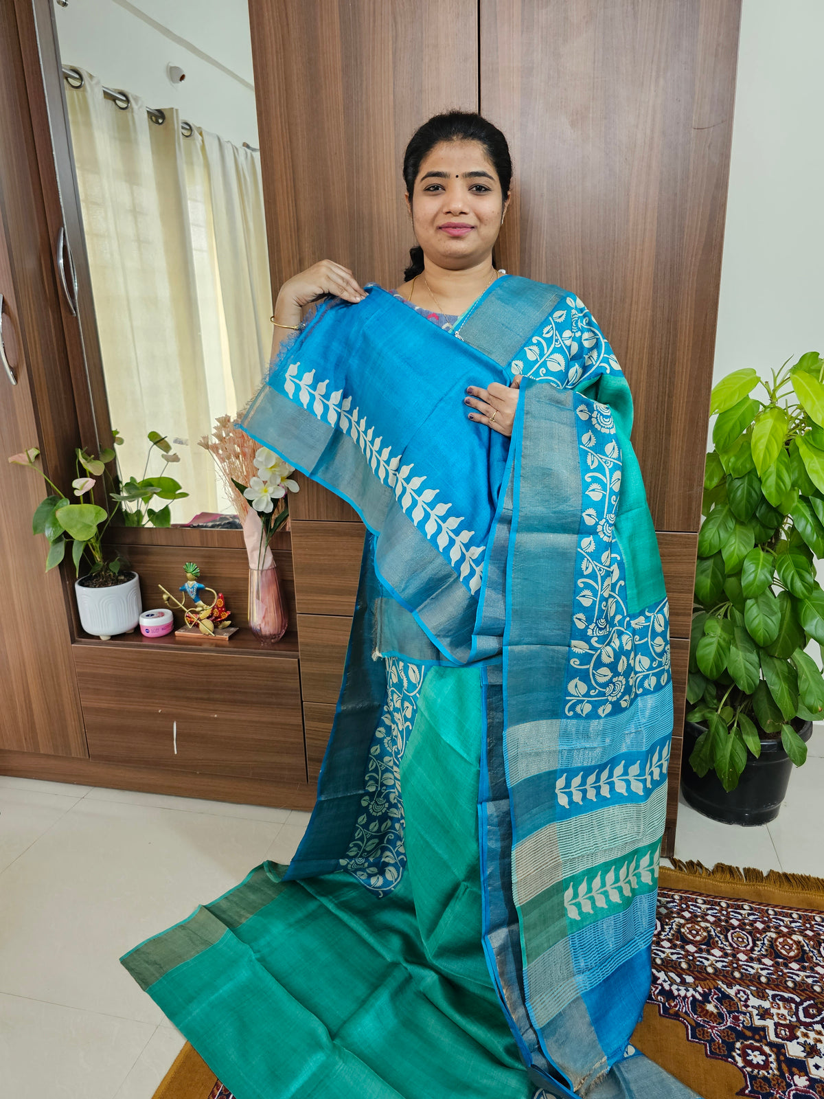 Turquoise with Sky Blue Handwoven Tussar Silk Saree with Zari Border