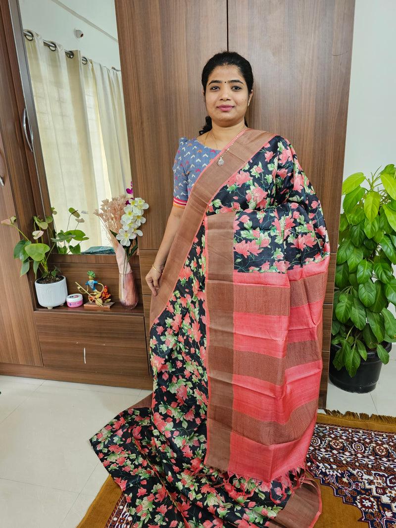 Black with Peach Handwoven Tussar Silk Saree with Zari Border