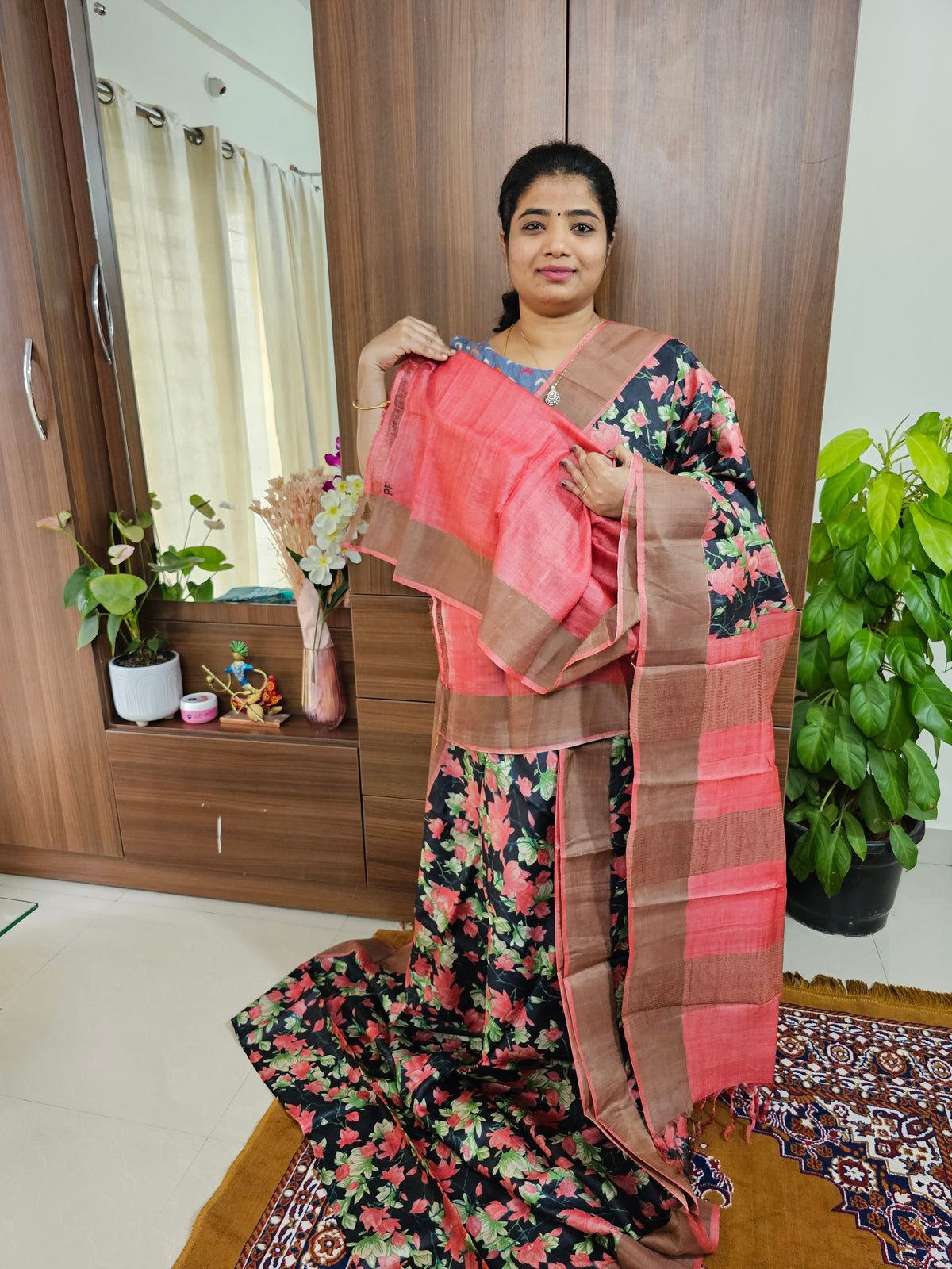 Black with Peach Handwoven Tussar Silk Saree with Zari Border