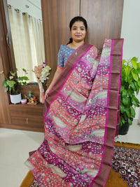 Peach with Magenta Pink Handwoven Tussar Silk Saree with Zari Border