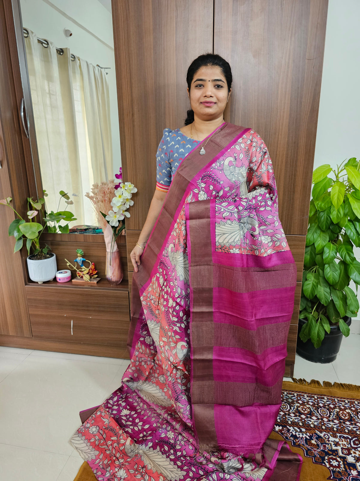 Peach with Magenta Pink Handwoven Tussar Silk Saree with Zari Border