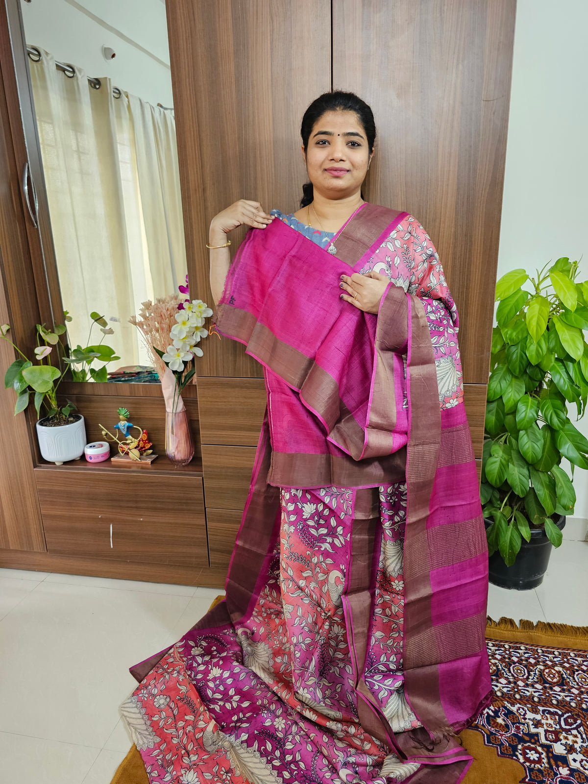 Peach with Magenta Pink Handwoven Tussar Silk Saree with Zari Border