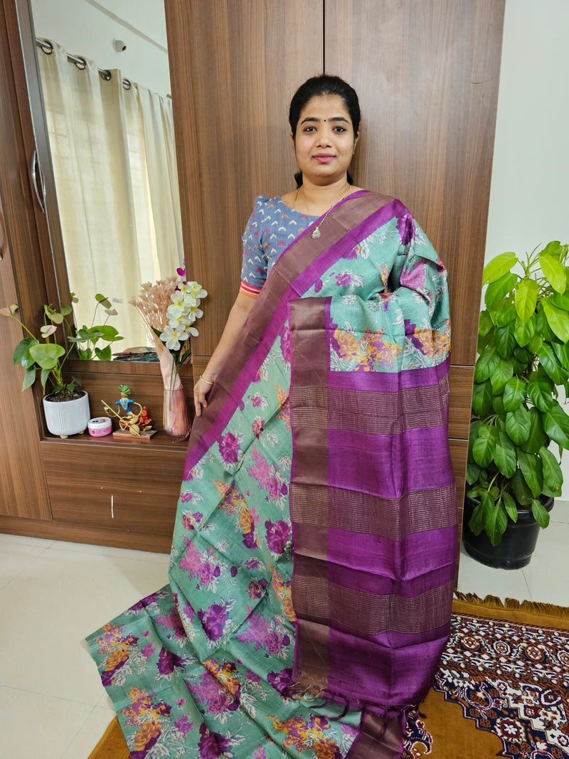 Olive Green with Purple Handwoven Tussar Silk Saree with Zari Border