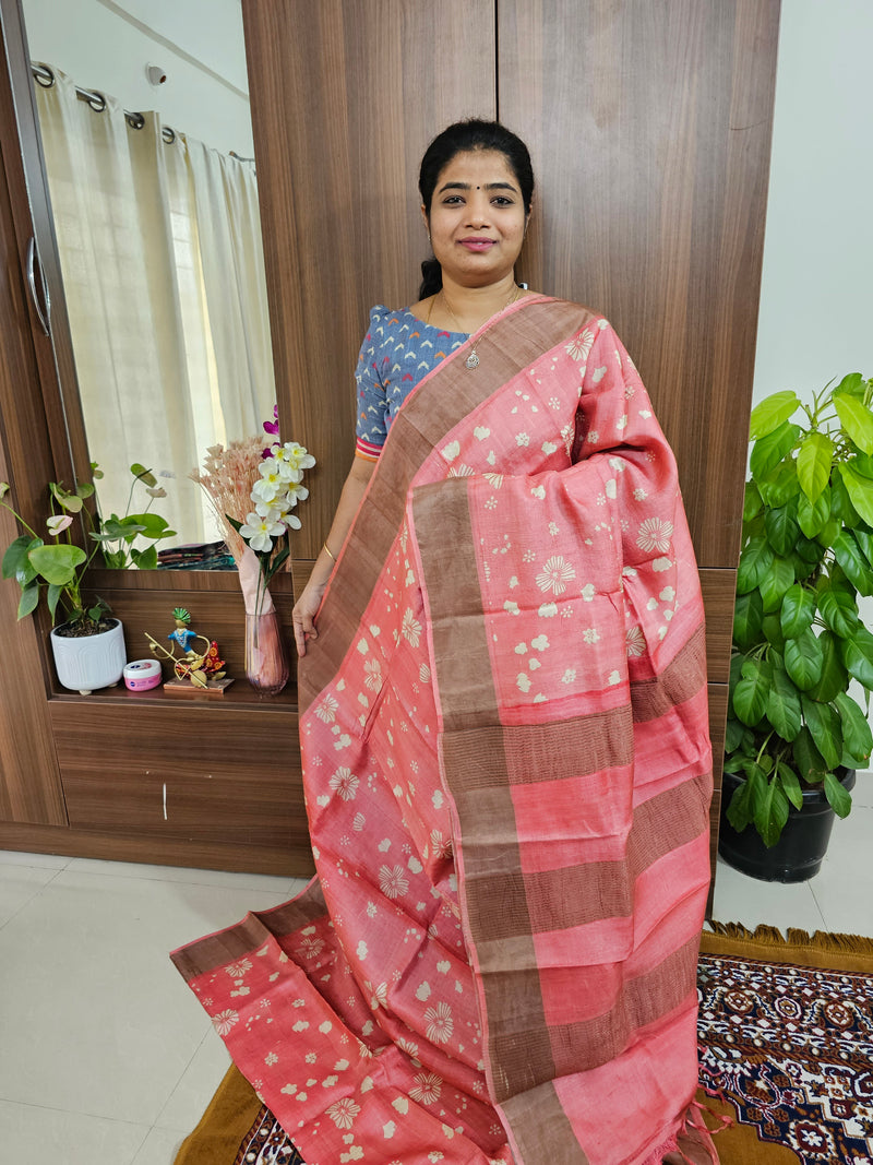 Peach Handwoven Tussar Silk Saree with Zari Border