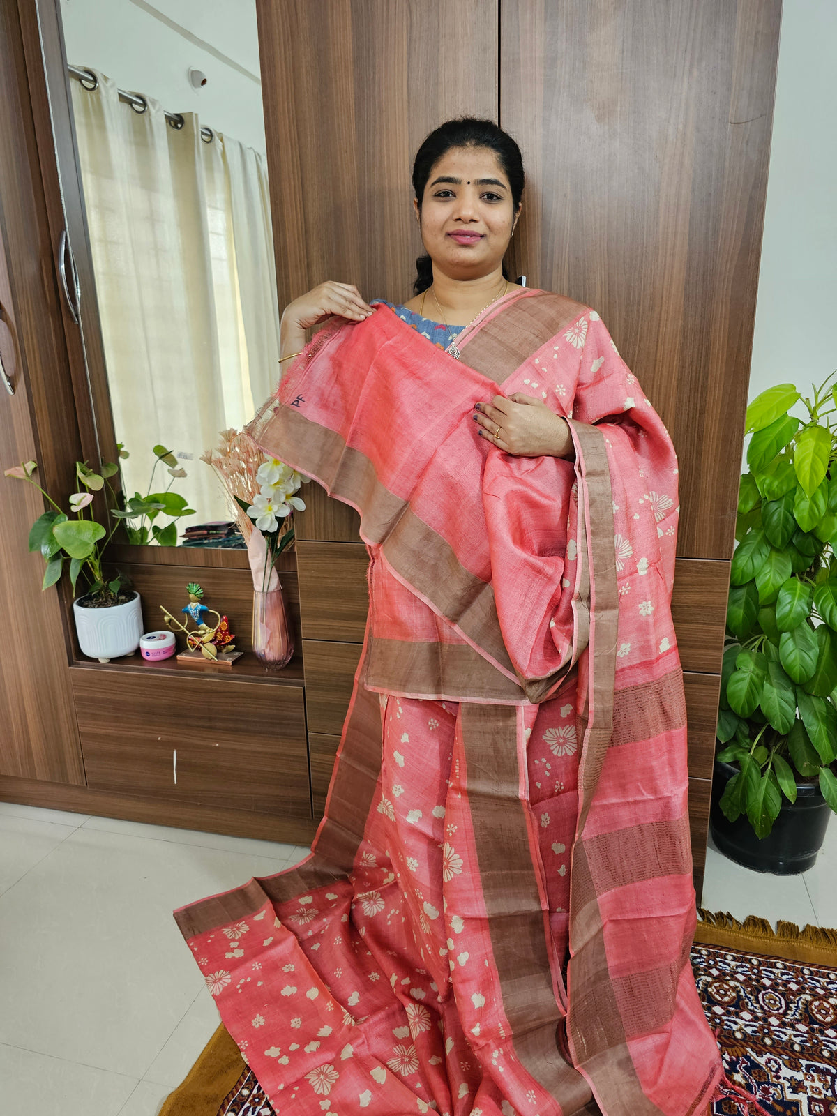 Peach Handwoven Tussar Silk Saree with Zari Border