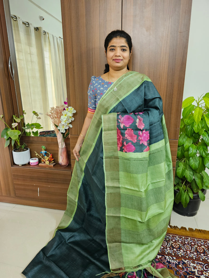 Dark Green with Light Green Handwoven Tussar Silk Saree with Zari Border