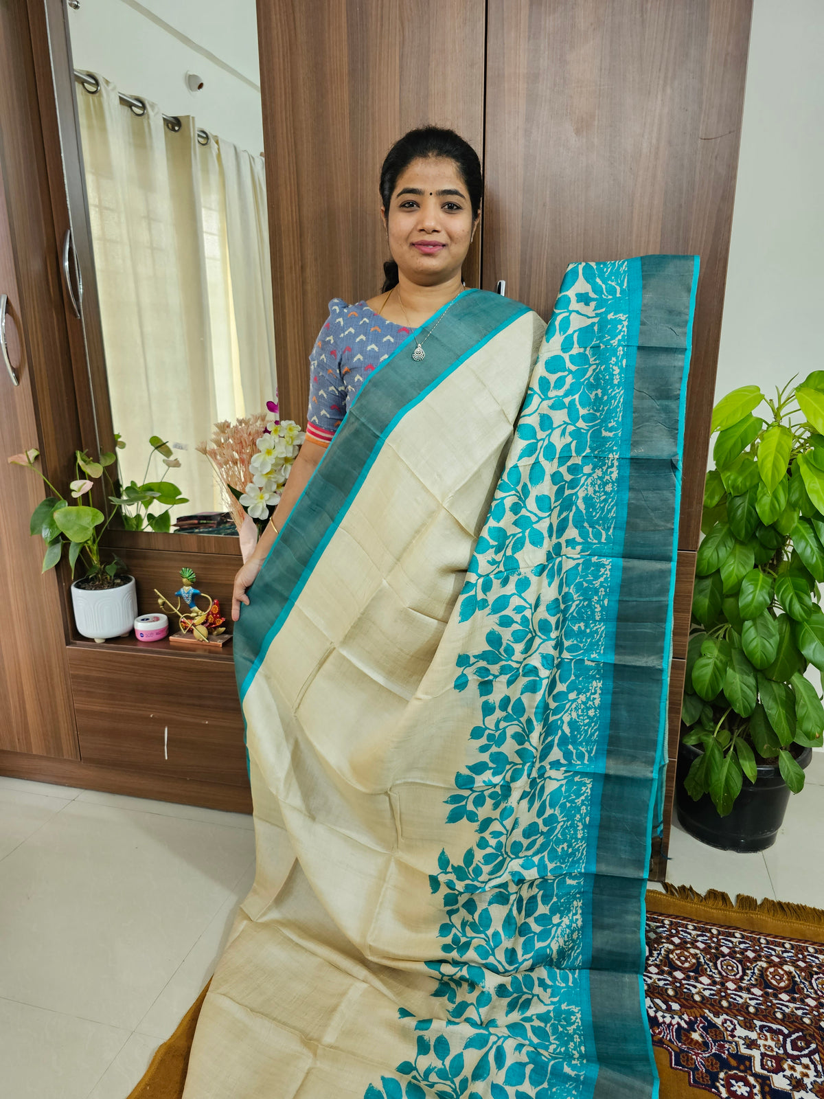 Cream with Blue Handwoven Tussar Silk Saree with Zari Border