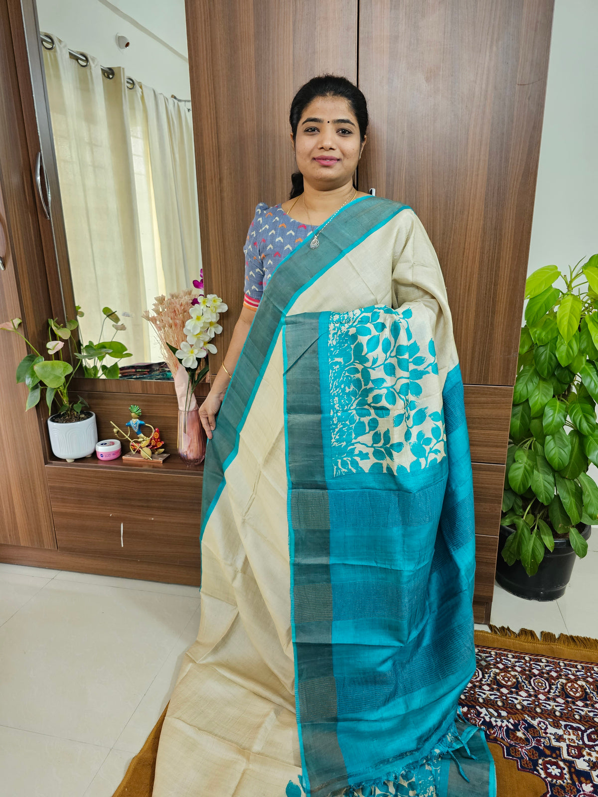 Cream with Blue Handwoven Tussar Silk Saree with Zari Border