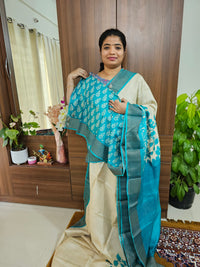 Cream with Blue Handwoven Tussar Silk Saree with Zari Border